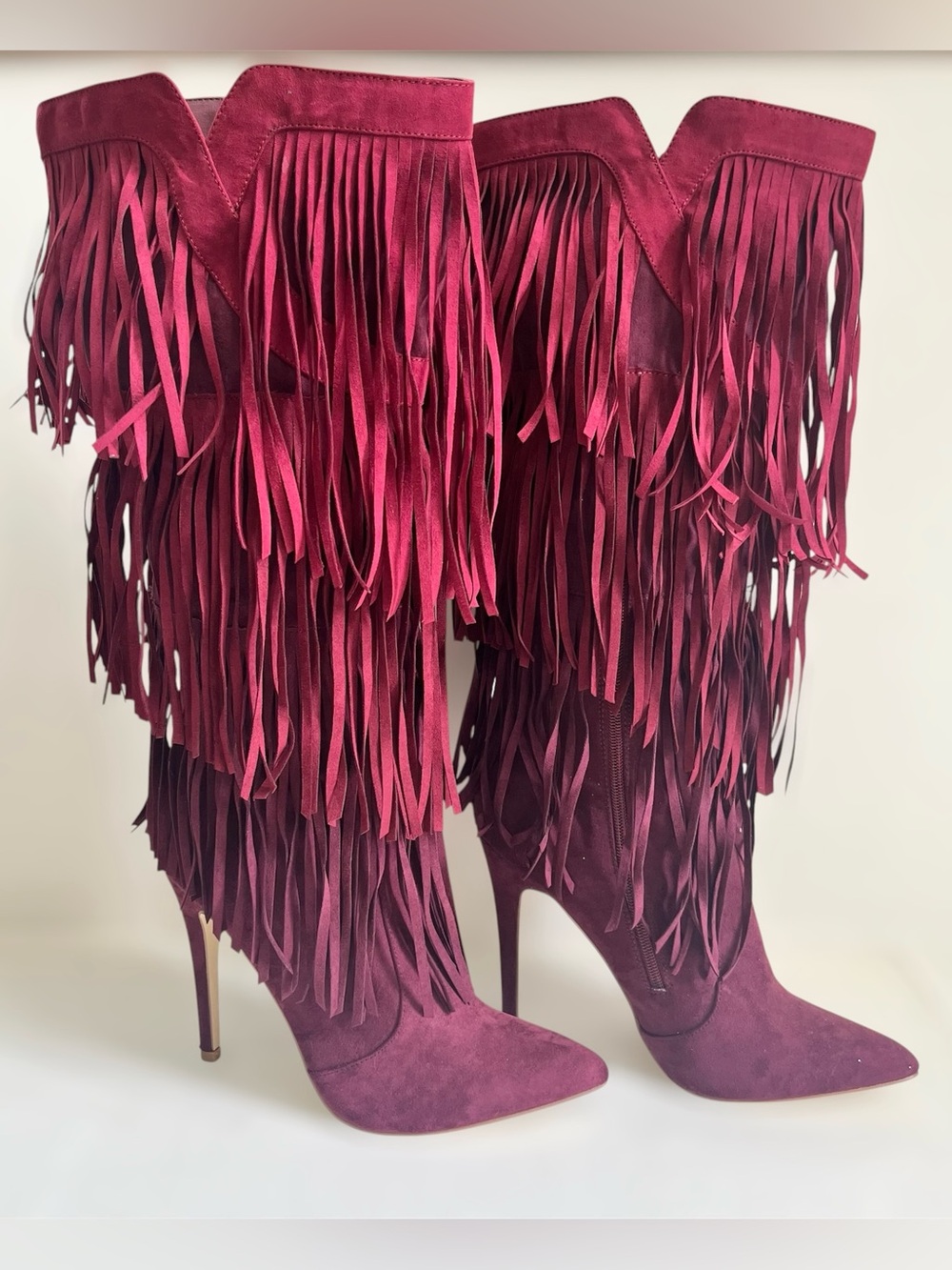 JustFab Cadellan 11W Tiered Fringe Boots Knee High Suede Burgundy Stiletto Heel